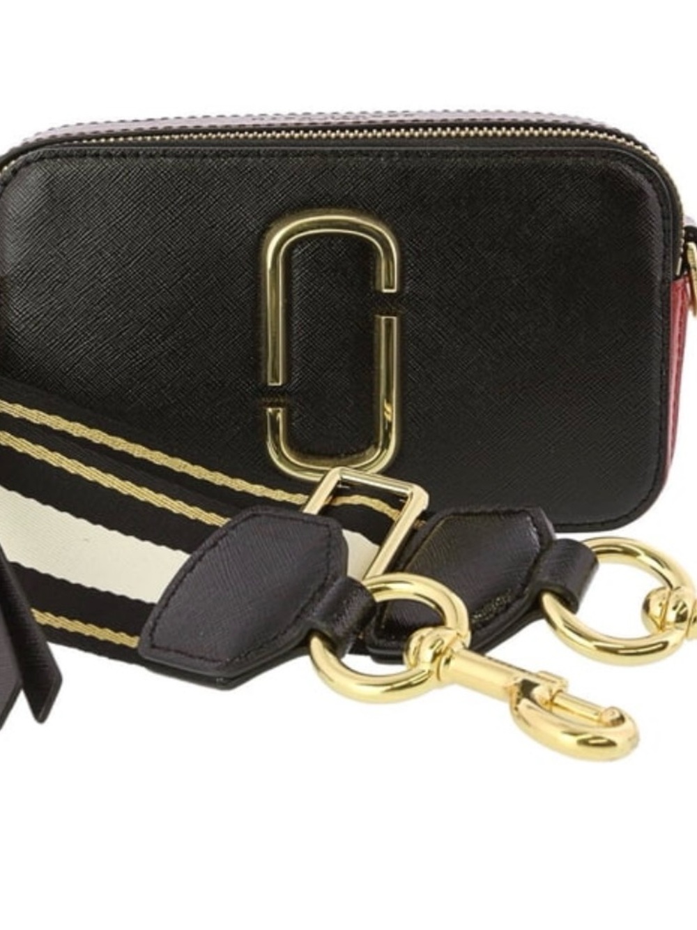 Marc Jacobs Black Leather Crossbody with Gold Hardware and Striped Strap